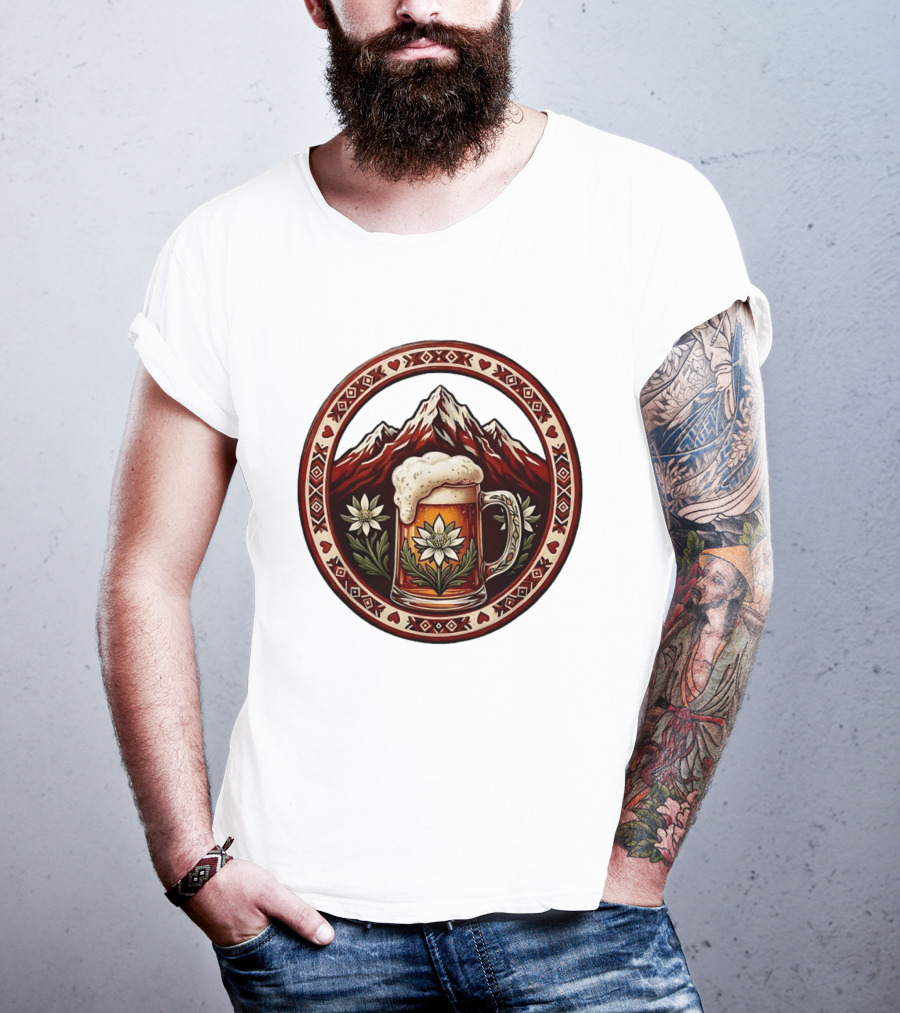 Alpine Beer Edelweiss Mountain Peaks Bavarian Heart Border T-Shirt