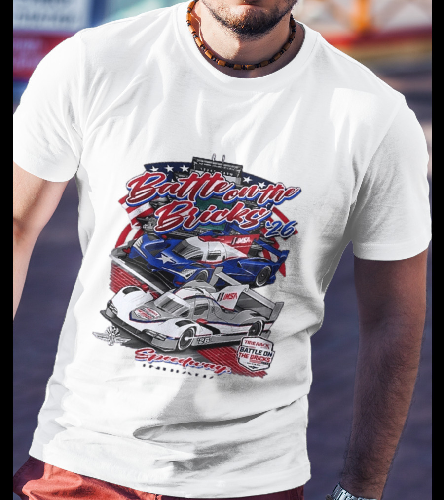 Battle On The Bricks '26 IMSA Indianapolis Motor Speedway Tire Rack Racing Cars T-Shirt