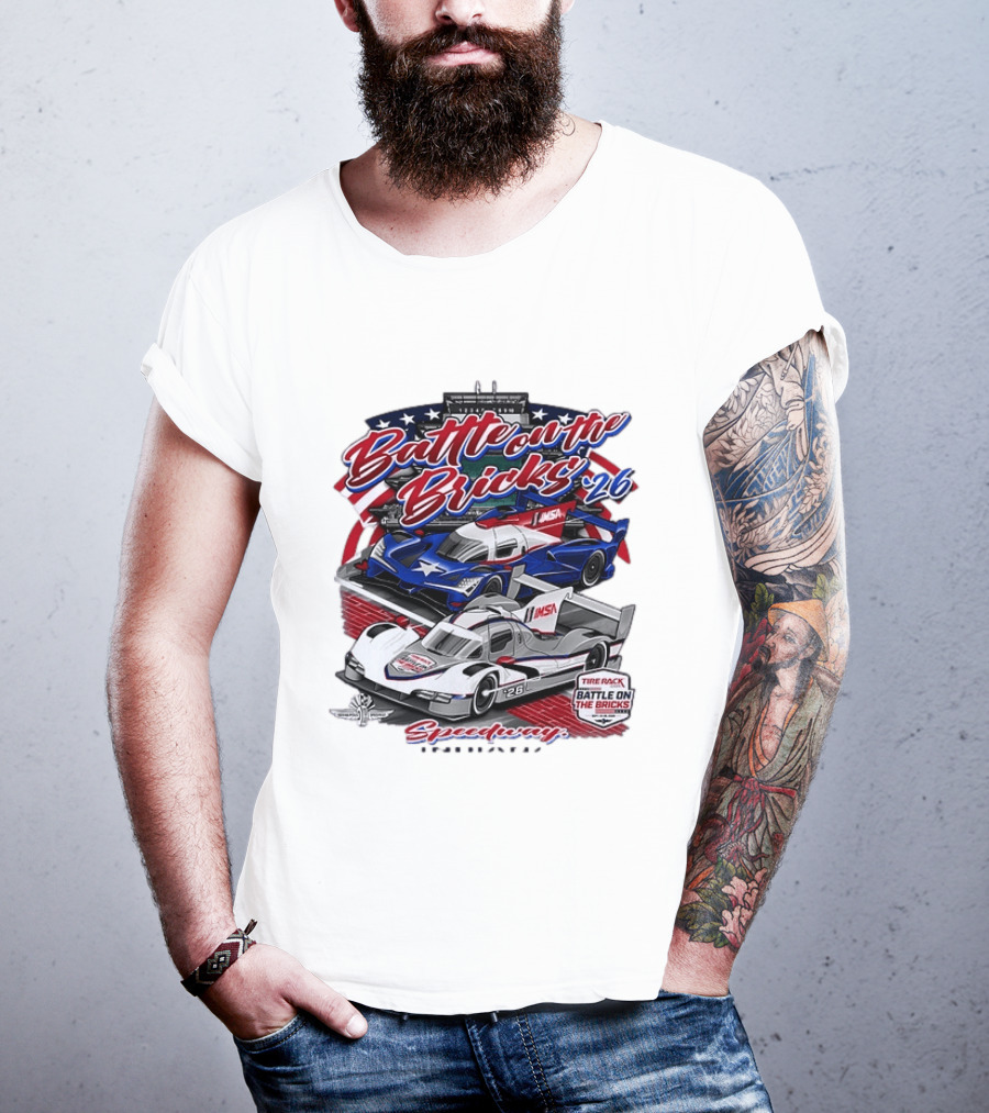 Battle On The Bricks '26 IMSA Indianapolis Motor Speedway Tire Rack Racing Cars T-Shirt