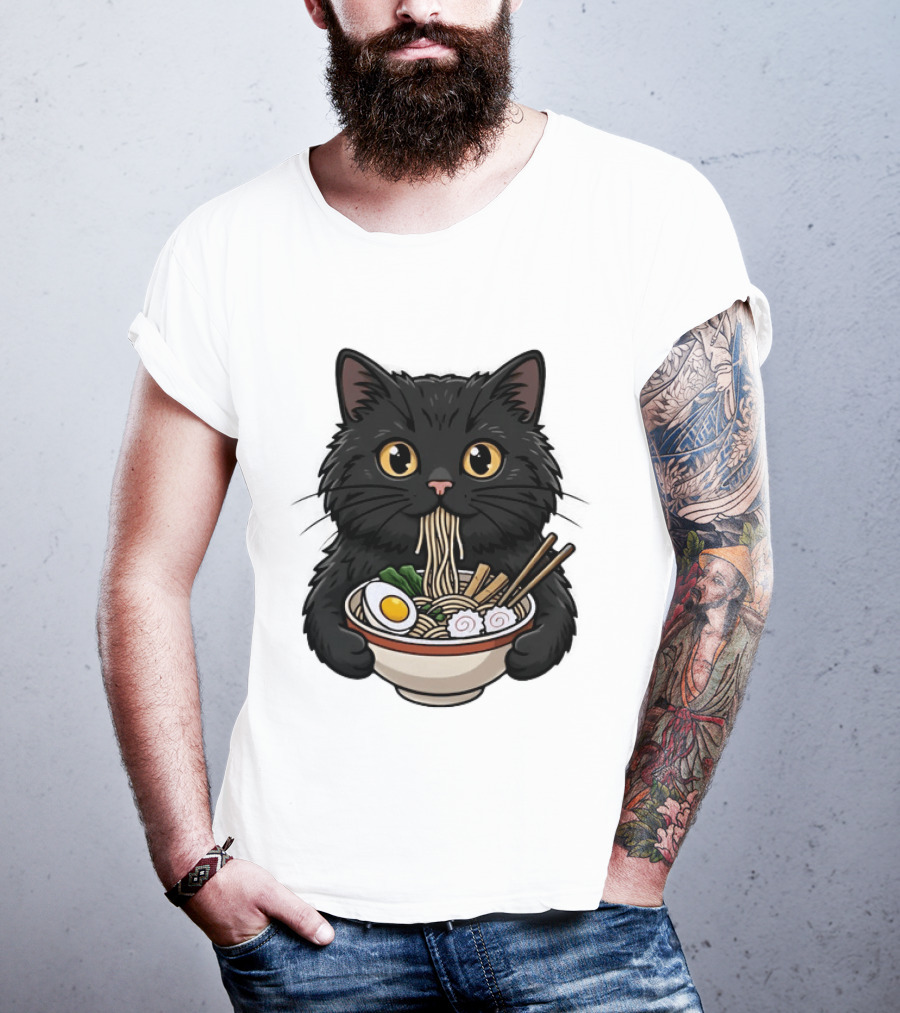 Black Cat Enjoying Ramen Noodles Anime T-Shirt