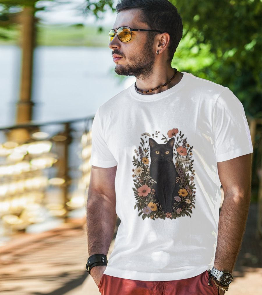 Black Cat In Blooming Garden Of Wildflowers T-Shirt