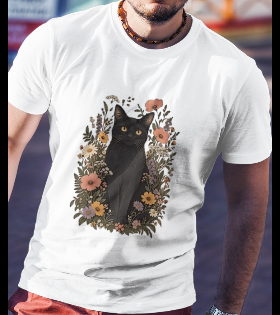Black Cat In Blooming Garden Of Wildflowers T-Shirt