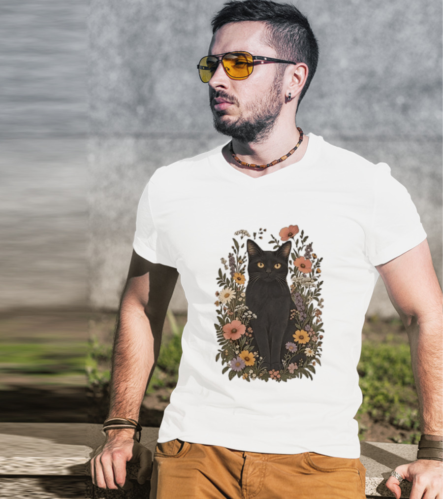 Black Cat In Blooming Garden Of Wildflowers T-Shirt