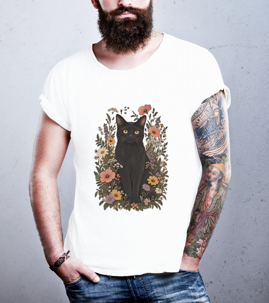 Black Cat In Blooming Garden Of Wildflowers T-Shirt
