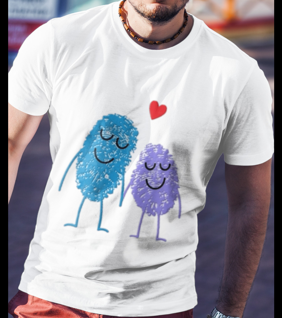 Blue Purple Fingerprint Characters Holding Hands Red Heart Cartoon T-Shirt