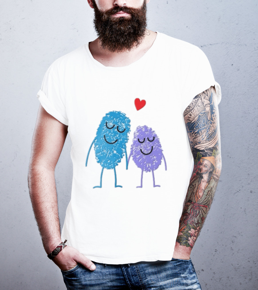 Blue Purple Fingerprint Characters Holding Hands Red Heart Cartoon T-Shirt