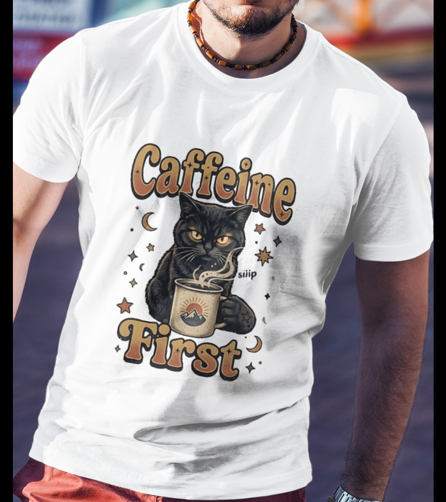 Caffeine First Cat With Coffee Moon Stars T-Shirt