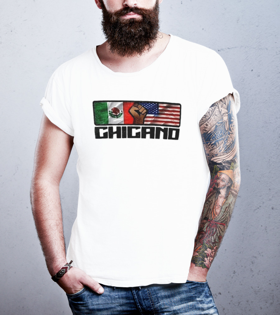 Chicano Mexican And American Flags With Raised Fist T-Shirt