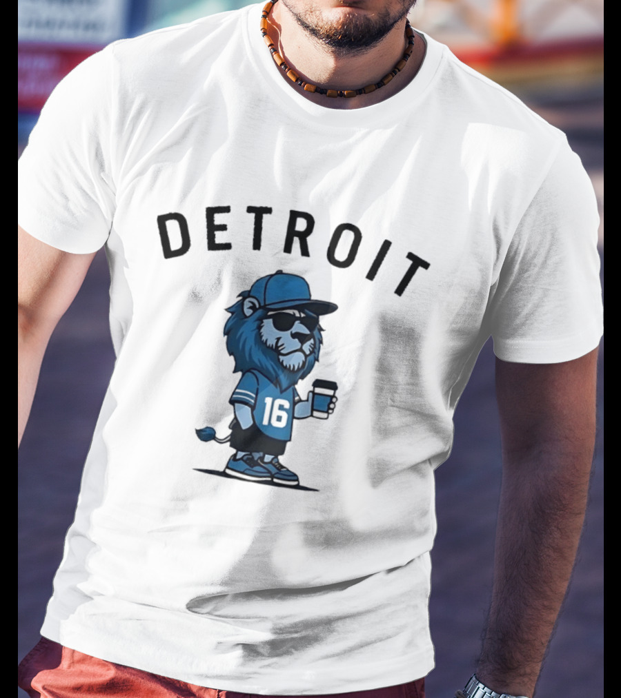 Detroit Lions Lion Mascot Jersey 16 With Coffee T-Shirt