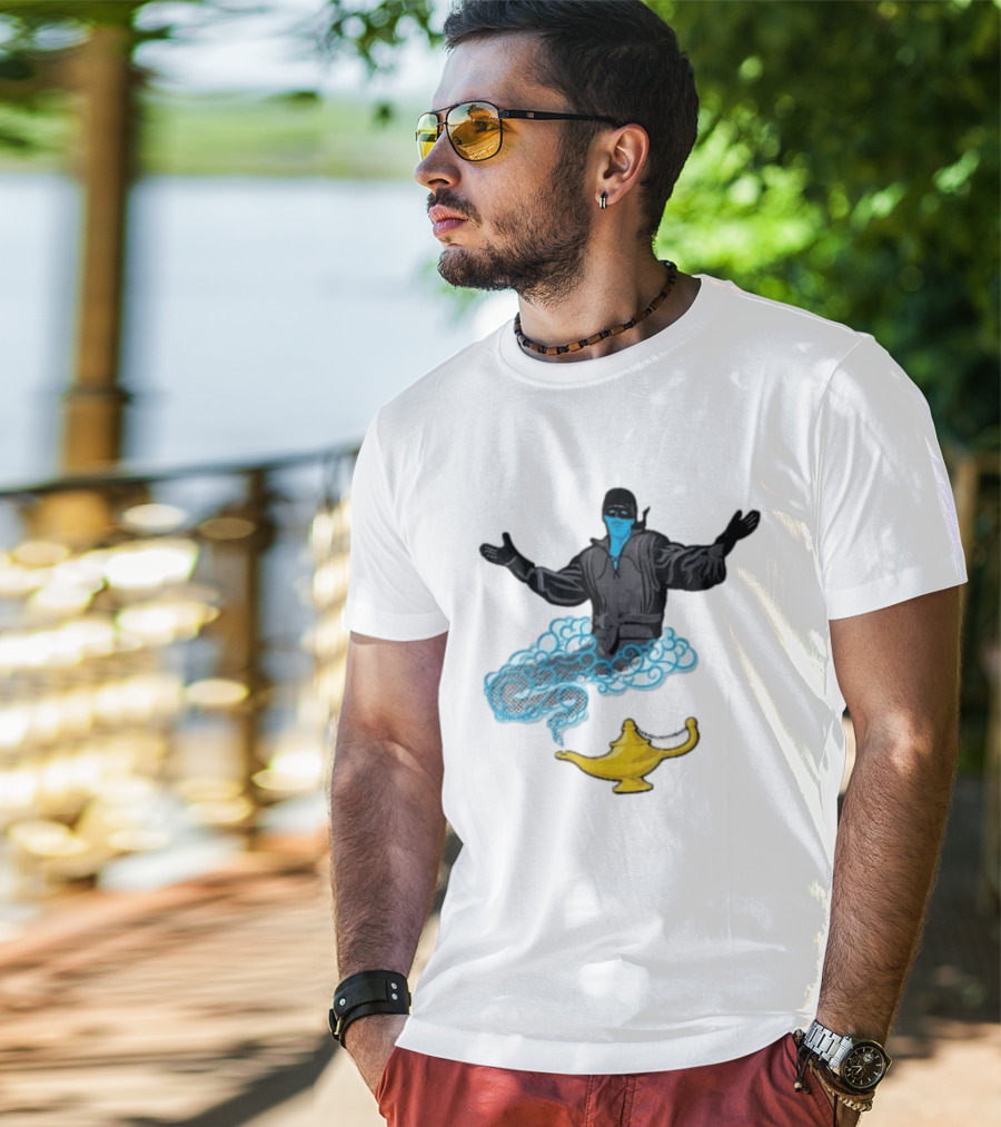 Dread Pirate Roberts Genie Man In Black With Golden Magic Lamp Halftone Cartoon T-Shirt