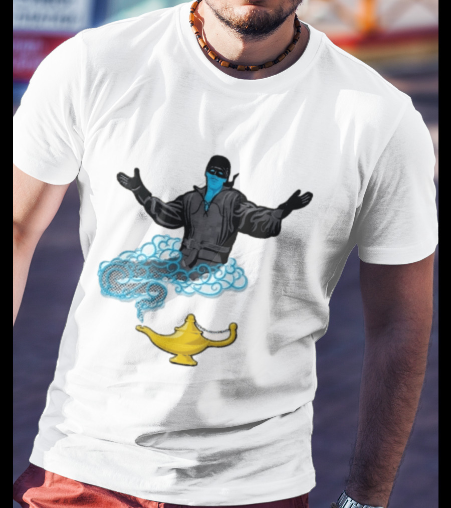 Dread Pirate Roberts Genie Man In Black With Golden Magic Lamp Halftone Cartoon T-Shirt