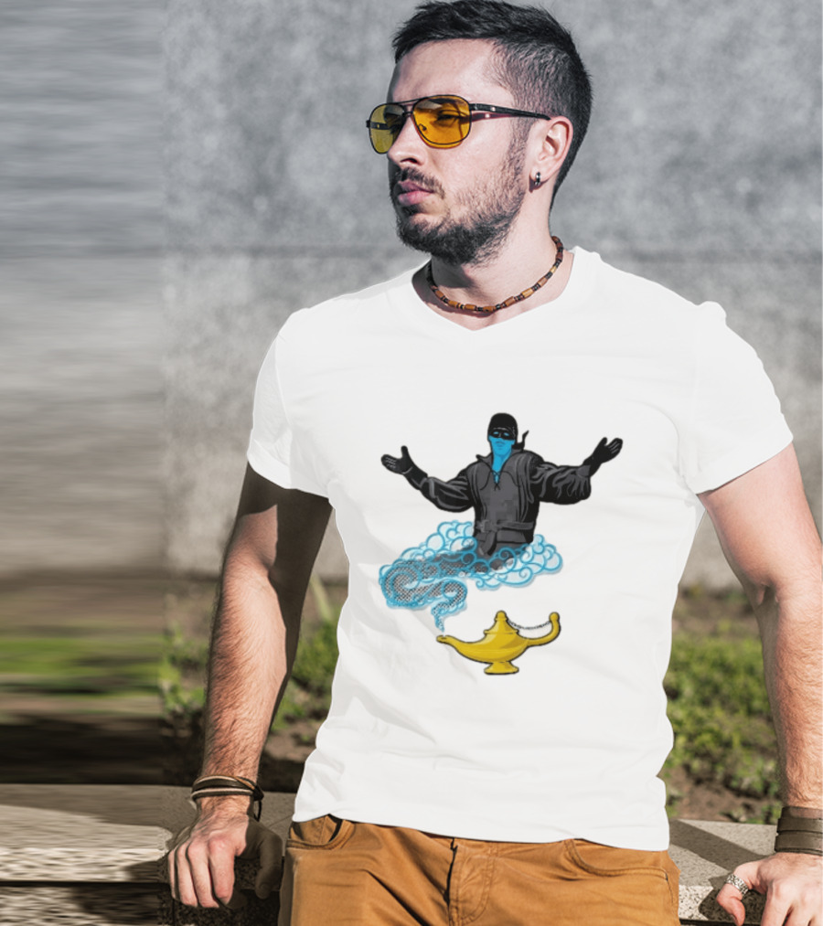 Dread Pirate Roberts Genie Man In Black With Golden Magic Lamp Halftone Cartoon T-Shirt