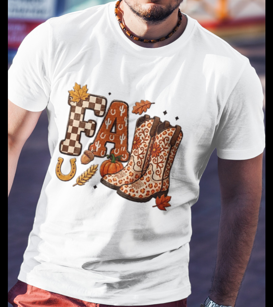 Fall Western Cowboy Boots Pumpkin Horseshoe Wheat Harvest Season T-Shirt