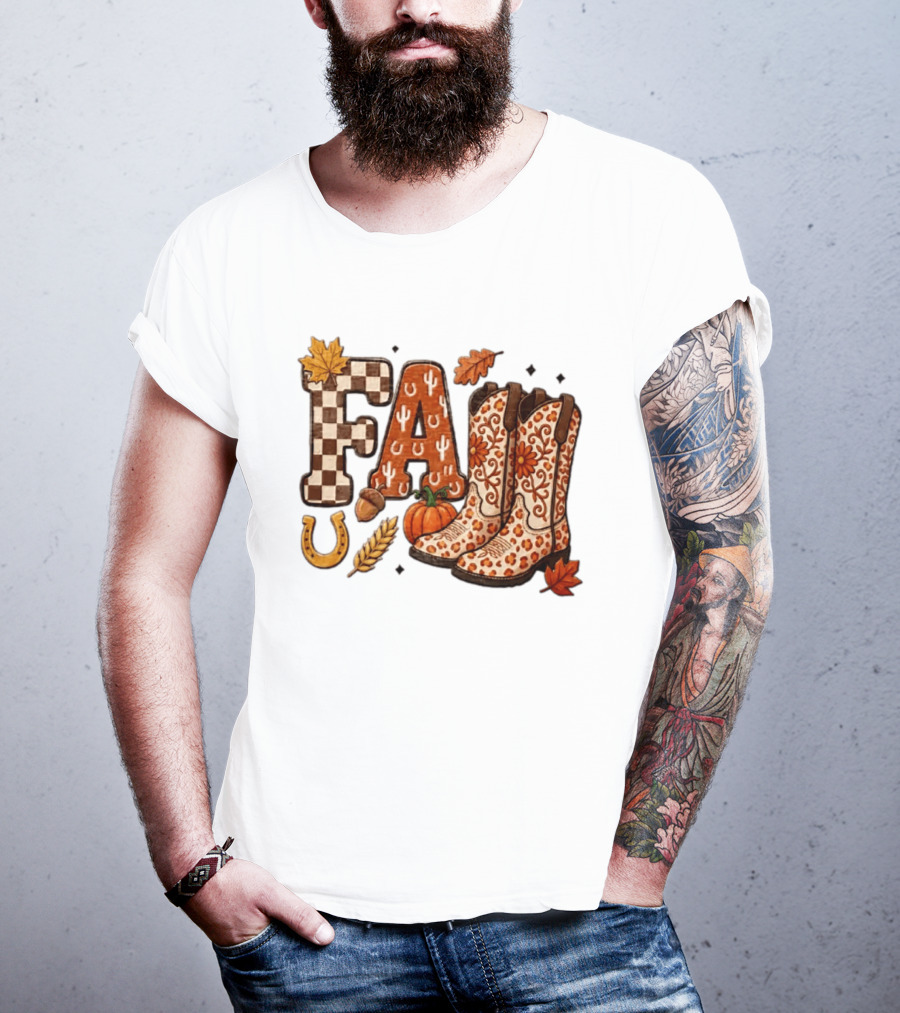Fall Western Cowboy Boots Pumpkin Horseshoe Wheat Harvest Season T-Shirt