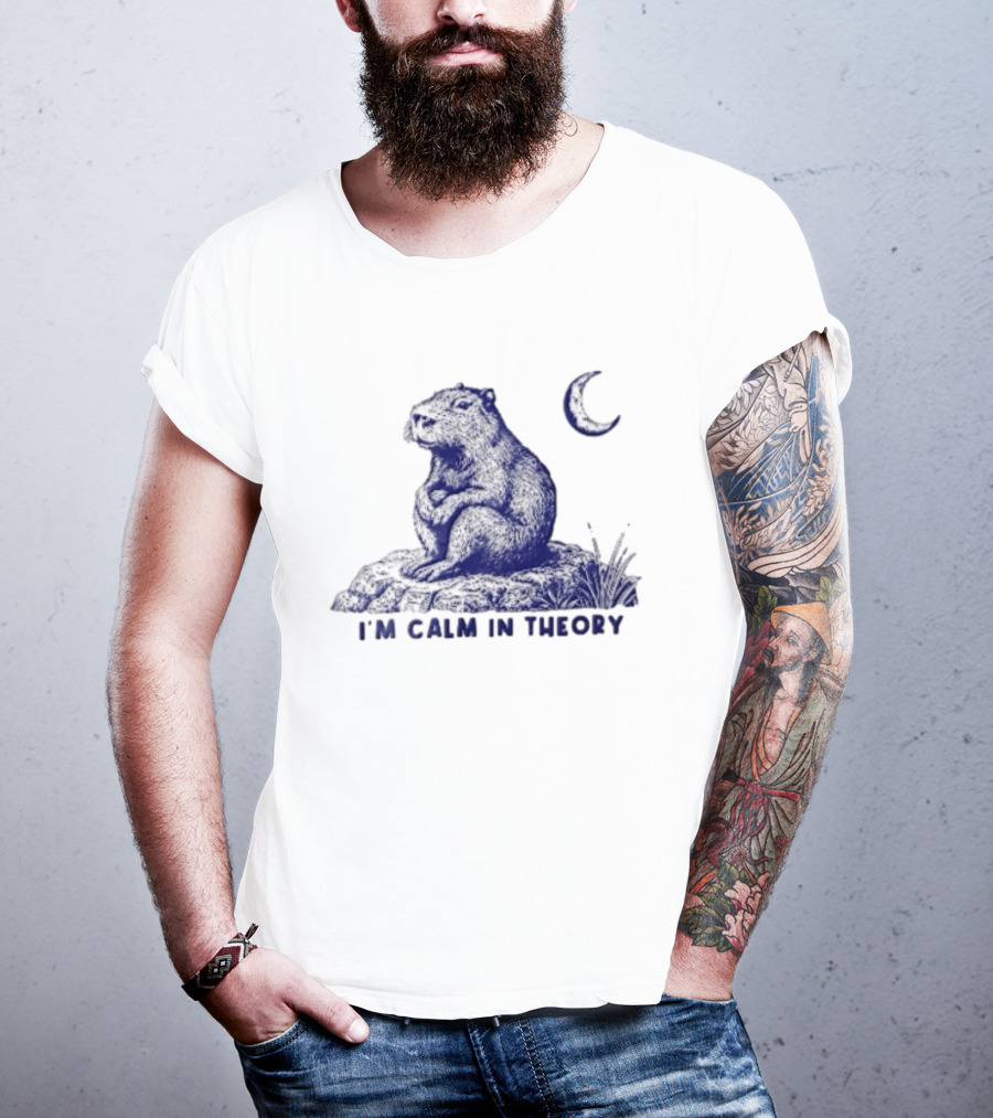 I'm Calm In Theory Capybara Sitting On Rock Under Crescent Moon T-Shirt