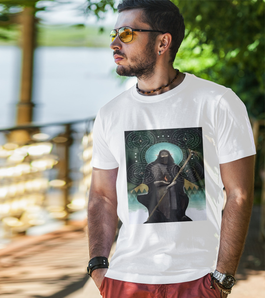 Mystical Elf Mage Staff Elemental Magic Symbols Enchanted Circles T-Shirt