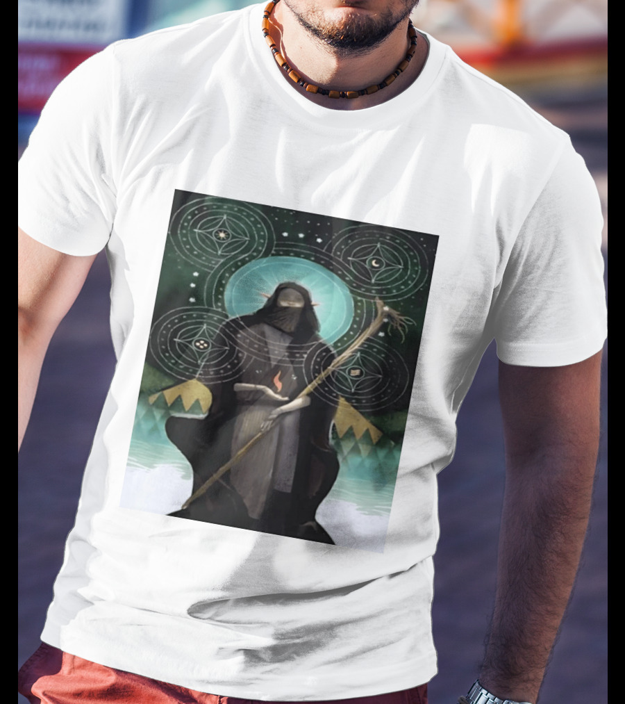Mystical Elf Mage Staff Elemental Magic Symbols Enchanted Circles T-Shirt