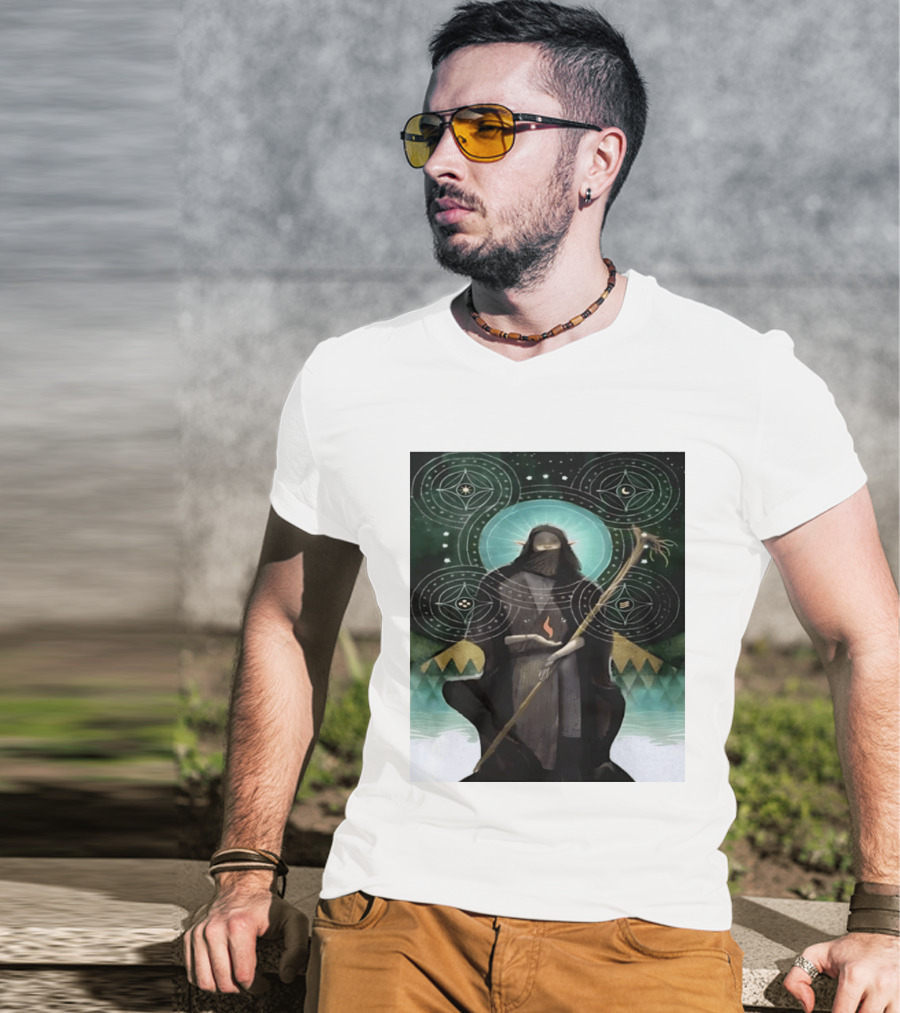 Mystical Elf Mage Staff Elemental Magic Symbols Enchanted Circles T-Shirt