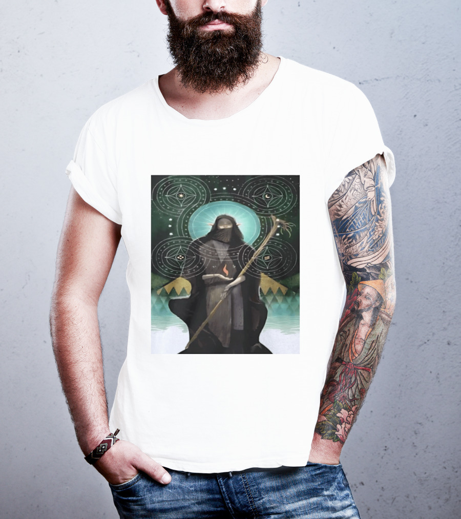 Mystical Elf Mage Staff Elemental Magic Symbols Enchanted Circles T-Shirt