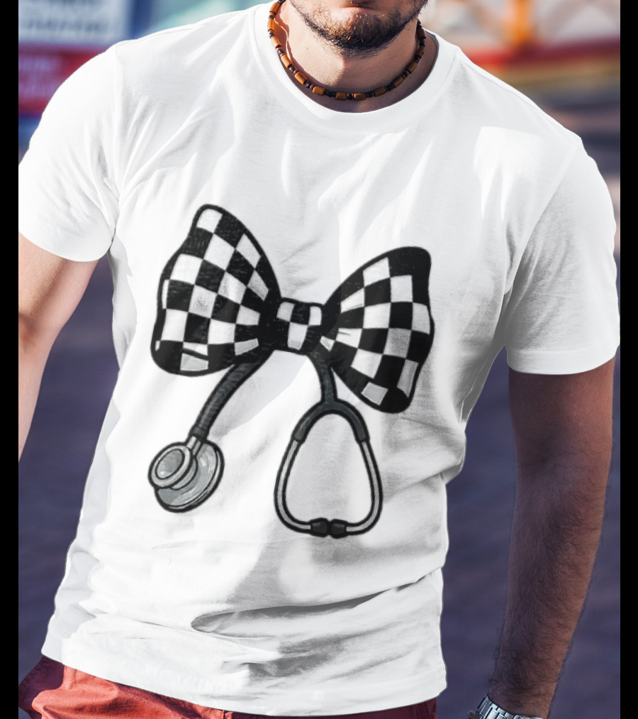 Checkered Bow Stethoscope Medical Nurse T-Shirt