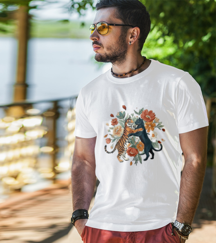 Tiger Black Panther Embrace Floral Bouquet Watercolor T-Shirt