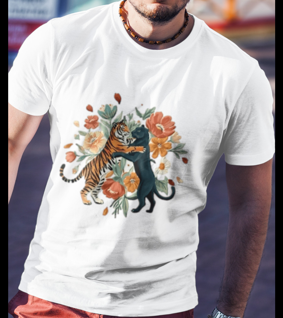 Tiger Black Panther Embrace Floral Bouquet Watercolor T-Shirt