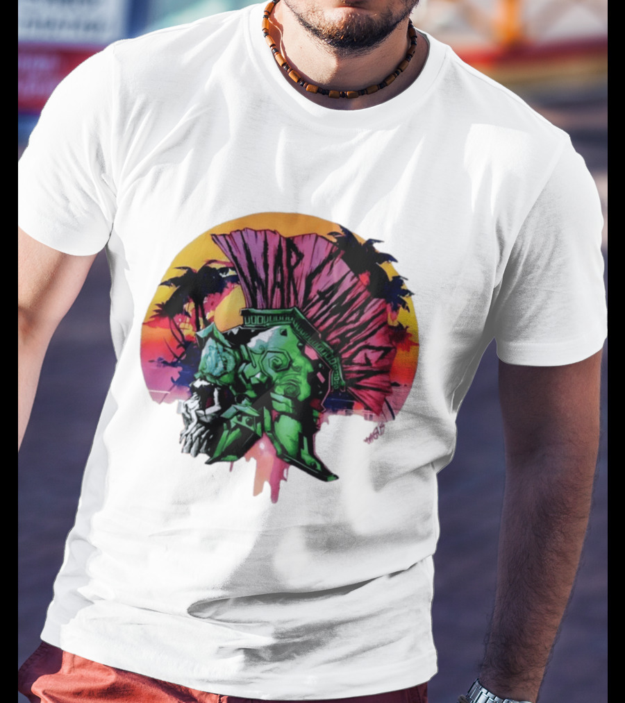 Warcraft Skull Spartan Helmet Tropical Sunset T-Shirt