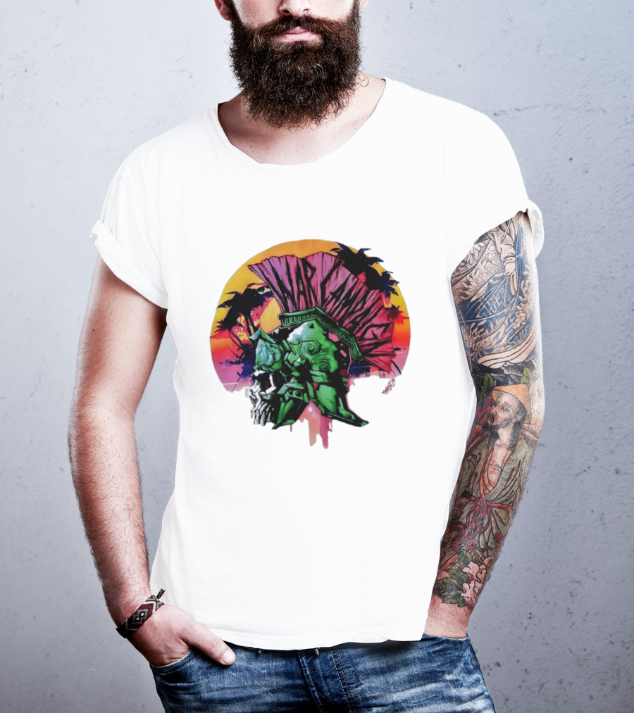 Warcraft Skull Spartan Helmet Tropical Sunset T-Shirt