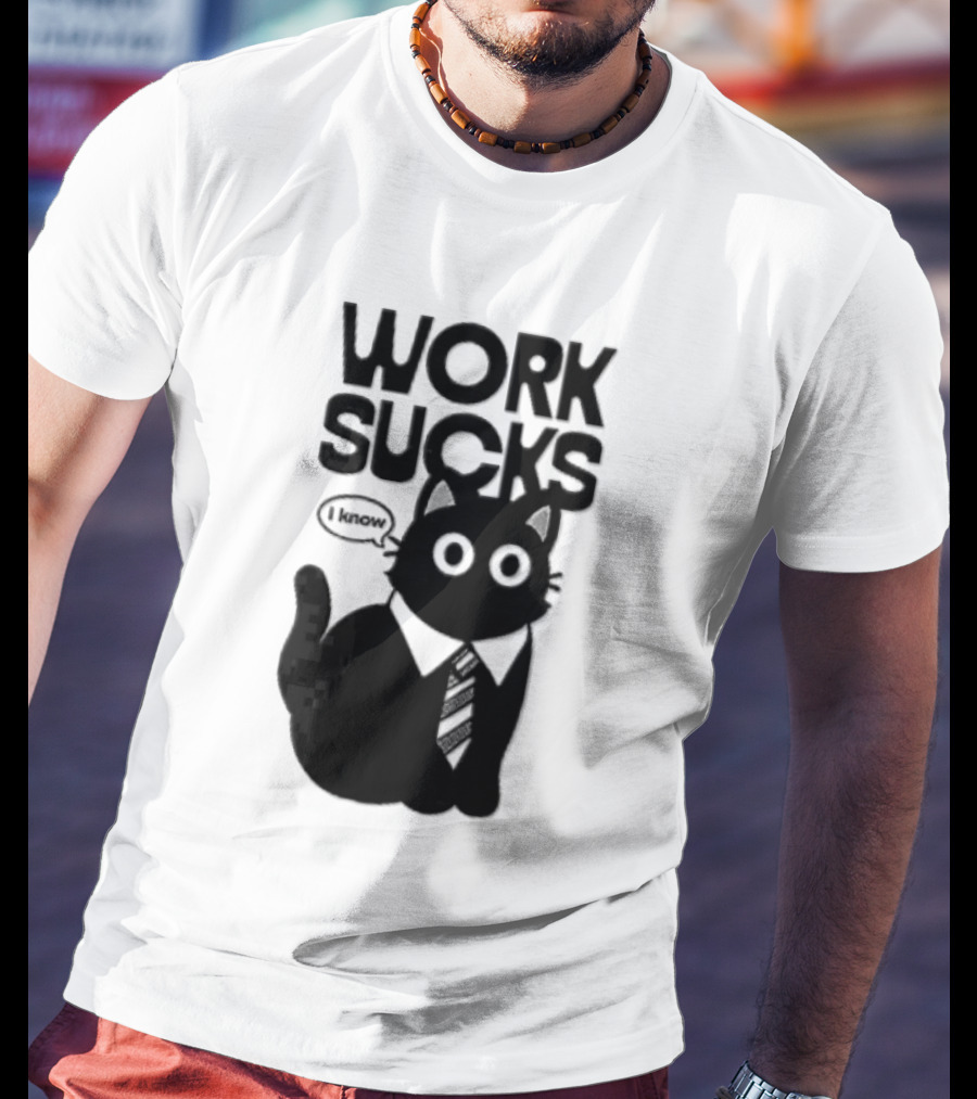 Work Sucks I Know Cartoon Black Cat T-Shirt