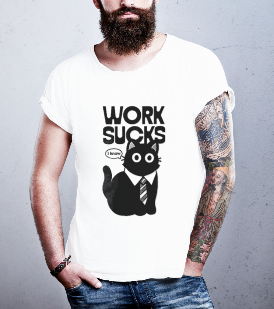 Work Sucks I Know Cartoon Black Cat T-Shirt