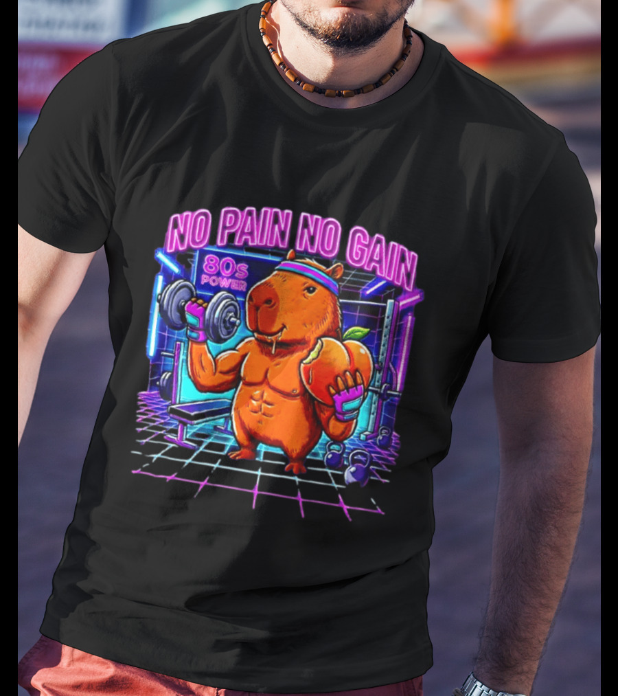 Capybara No Pain No Gain 80s Power Lifting Fitness Workout Gym T-Shirt