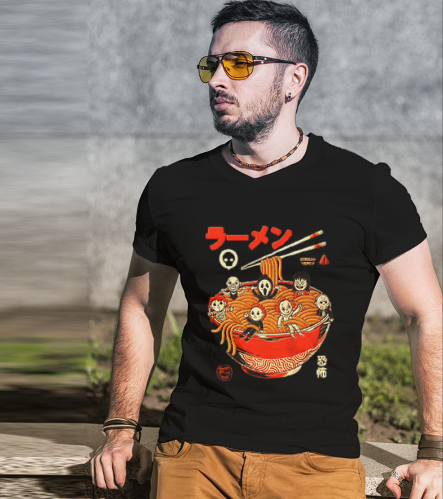 Chucky Ghostface Kayako Michael Myers Pennywise Jason Voorhees Ramen Horror Characters Eat Scream T-Shirt