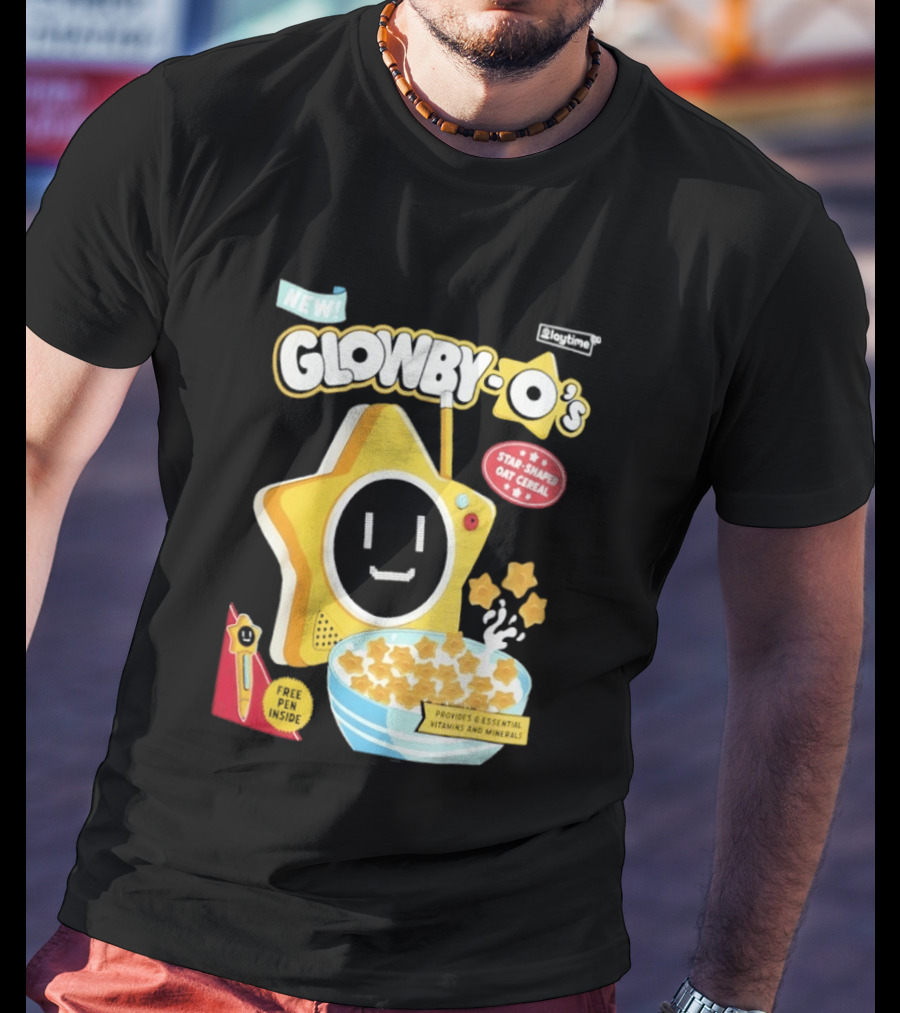 NEW Playtime Co Glowby O's Star Shaped Oat Cereal Box With Smiling Star And Bowl Of Cereal Bites T-Shirt