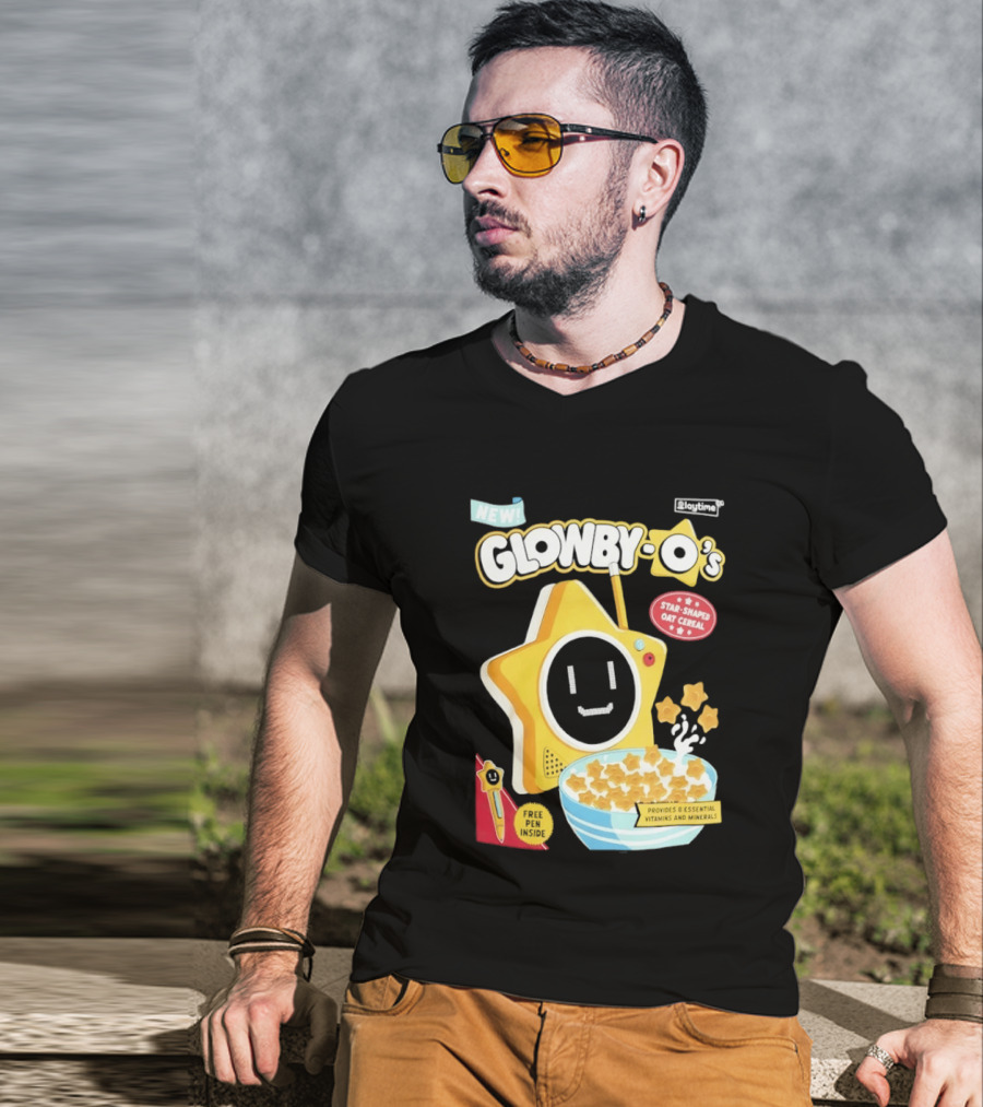 NEW Playtime Co Glowby O's Star Shaped Oat Cereal Box With Smiling Star And Bowl Of Cereal Bites T-Shirt