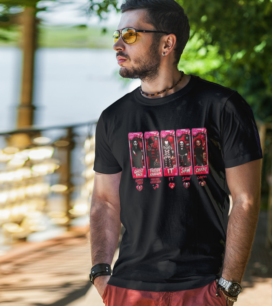 Ghost Face Freddy Krueger IT Saw Chucky Horror Characters Cards Collectible Toy Box Hearts T-Shirt