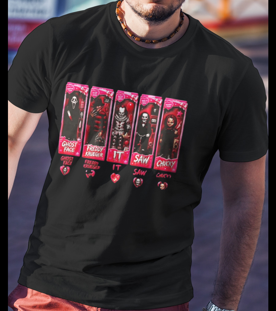 Ghost Face Freddy Krueger IT Saw Chucky Horror Characters Cards Collectible Toy Box Hearts T-Shirt