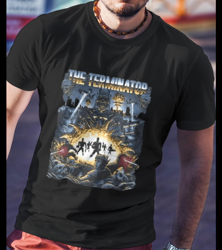 The Terminator Explosive Battle Scene Skull Motif With 800 Endoskeleton T-Shirt