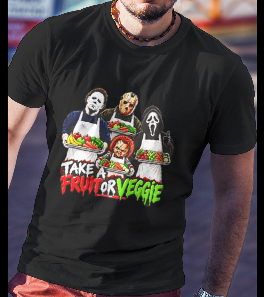 Michael Myers Jason Voorhees Ghostface Chucky Horror Movie Take A Fruit Or Veggie T-Shirt