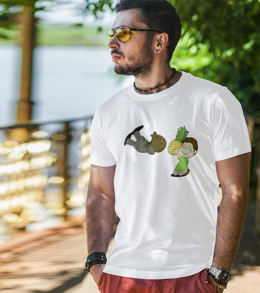 Cartoon Smiling Boy With Upside Down Pineapple Suit Person T-Shirt