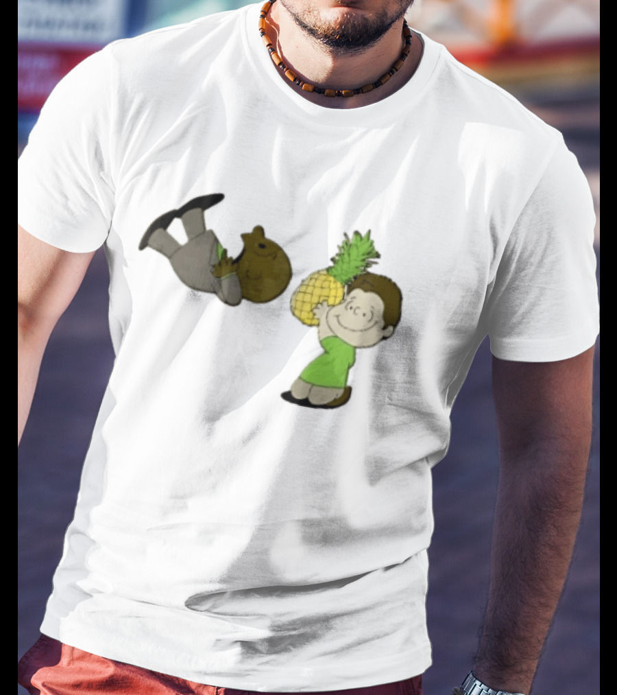 Cartoon Smiling Boy With Upside Down Pineapple Suit Person T-Shirt