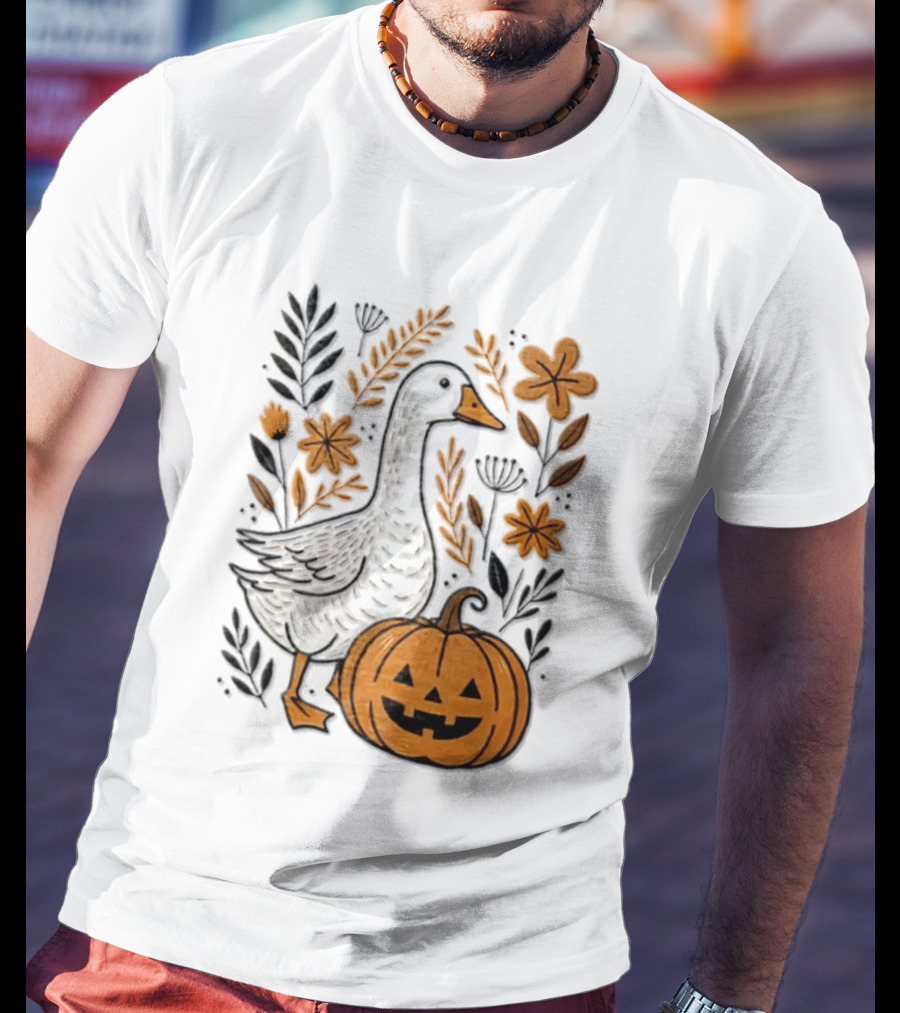 Goose With Jack O' Lantern Pumpkin Autumn Leaves And Flowers T-Shirt