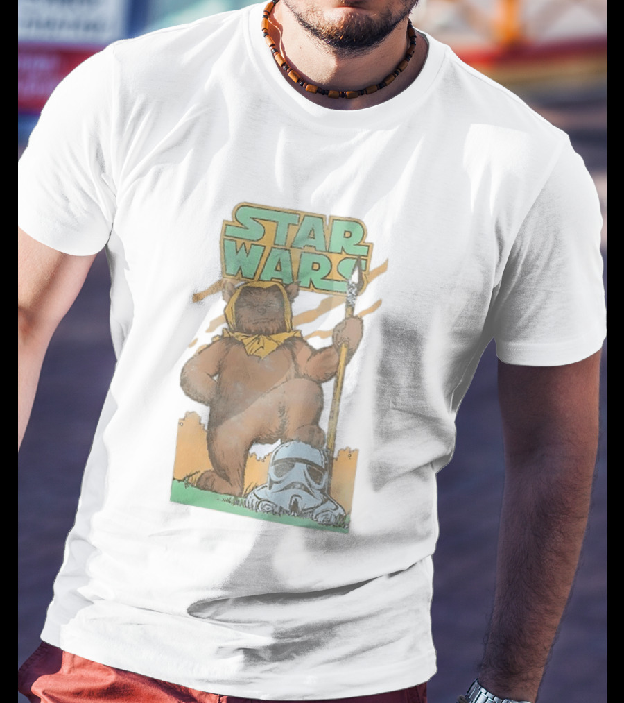 Star Wars Ewok Holding Spear With Stormtrooper Helmet T-Shirt