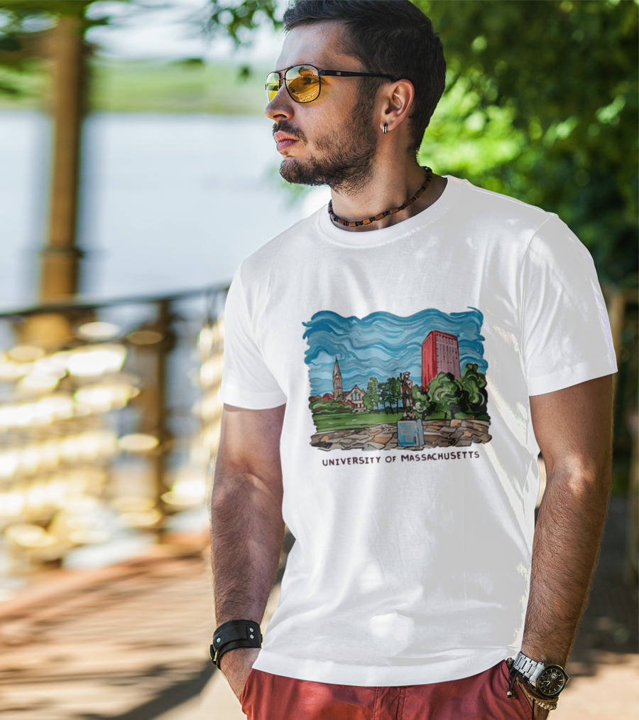 University Of Massachusetts Landmark Campus Scene Tower And Trees T-Shirt