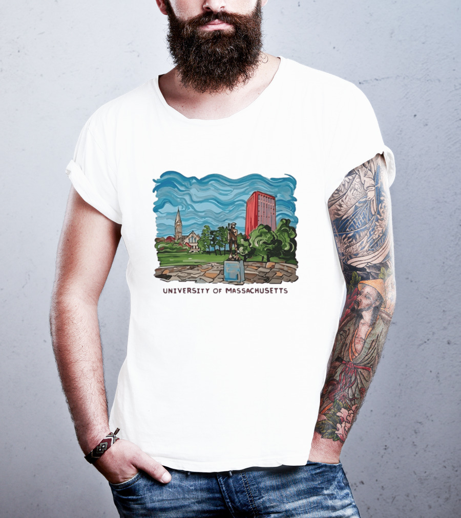University Of Massachusetts Landmark Campus Scene Tower And Trees T-Shirt