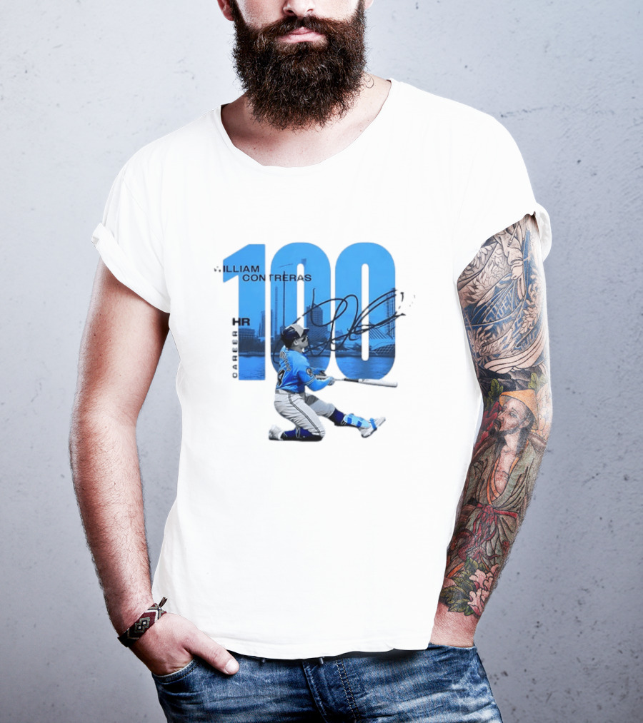 William Contreras Milwaukee Brewers 100 HR Milestone Signature T-Shirt