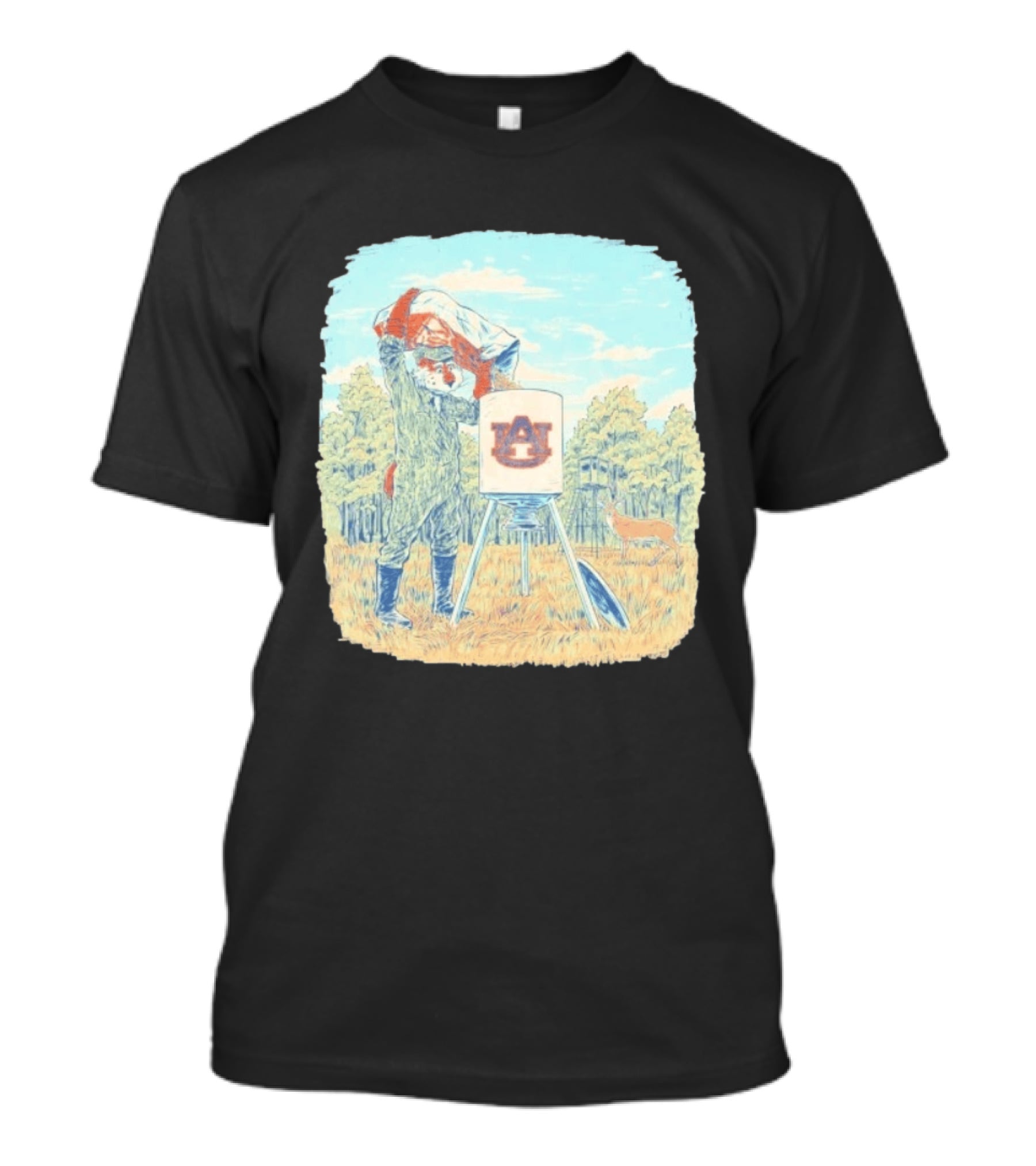 Aubie The Tiger Auburn University Deer Hunting Scene With Feeder And Deer T-Shirt