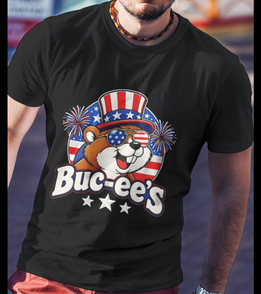 Buc Ee's Patriotic Beaver Fireworks Hat And Sunglasses Celebration T-Shirt