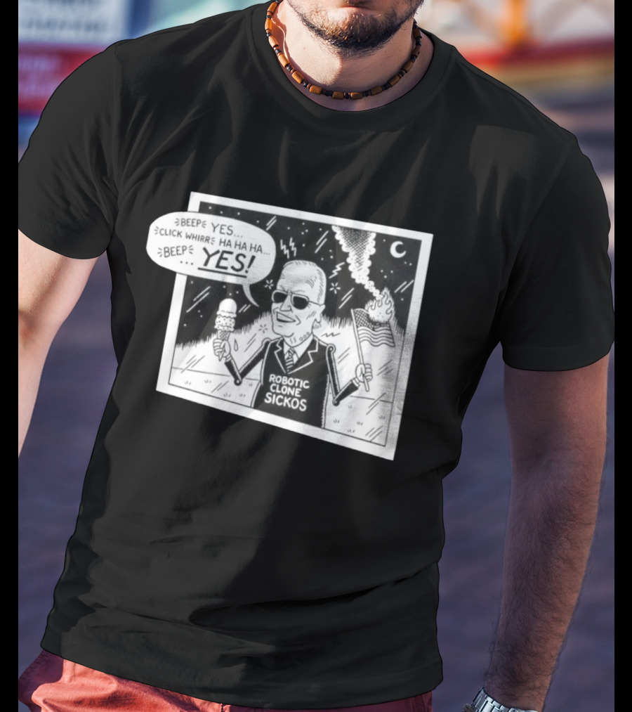 Joe Biden Robotic Clone Sickos Cartoon Ice Cream Flag Speech Bubble BEEP YES T-Shirt