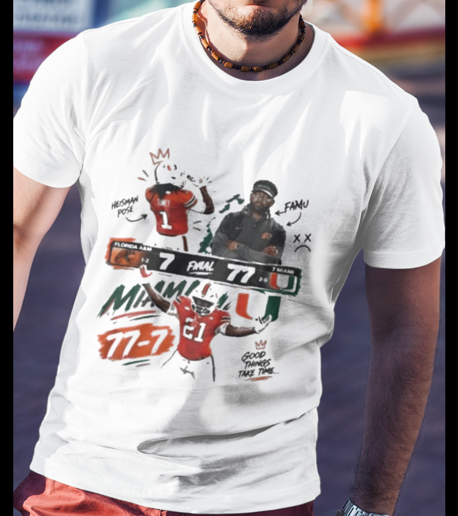 Miami 77 Final Florida A&M 7 College Football Game Highlights T-Shirt