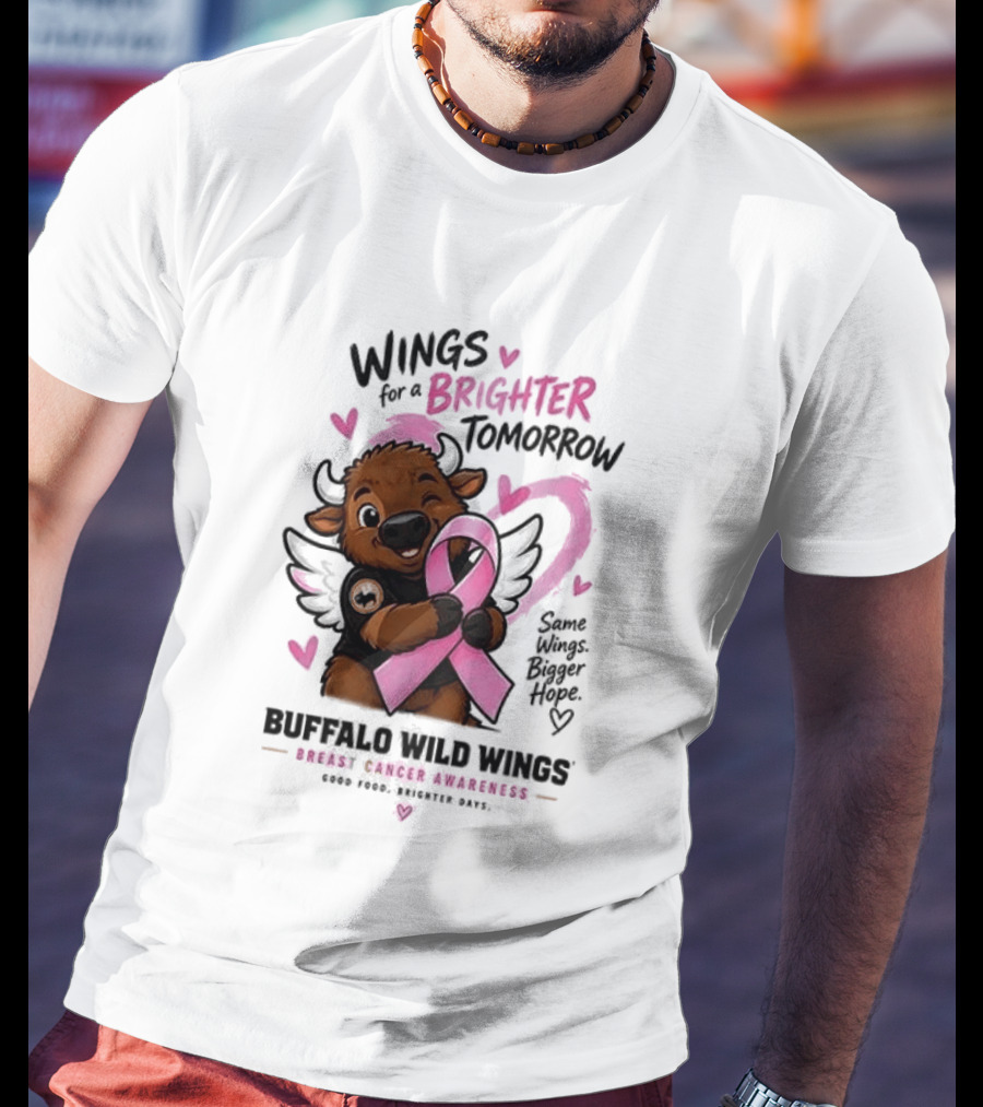 Wings For A Brighter Tomorrow Buffalo Wild Wings Breast Cancer Awareness Pink Ribbon Hearts T-Shirt